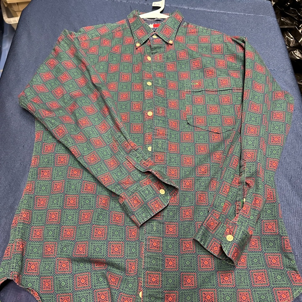 Men's Green and Red Patterned Shirt